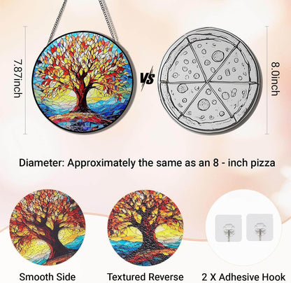 Tree of Life Stained Glass Suncatcher | 8" Round Indoor Window Sun Catchers with Stain Glass Panels | Handmade Wall Art Decor | Birthday Gifts for Women, Grandmothers