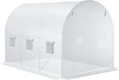 Outsunny 9.8' x 6.6' x 6.6' Plastic Greenhouse Cover Replacement, Heavy Duty Waterproof Tarp for Hoop House, Sheeting with 6 Windows, Door & Reinforcement Grid, White