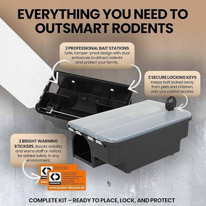 Köder-Discount Mouse & Rat Bait Station (Bait Not Included) – 2 Lockable Rat Bait Stations with Clear Lid & Dual Entry – Weather-Resistant, Tamper-Proof Rodent Trap (8.7 x 5.5 x 3.1)