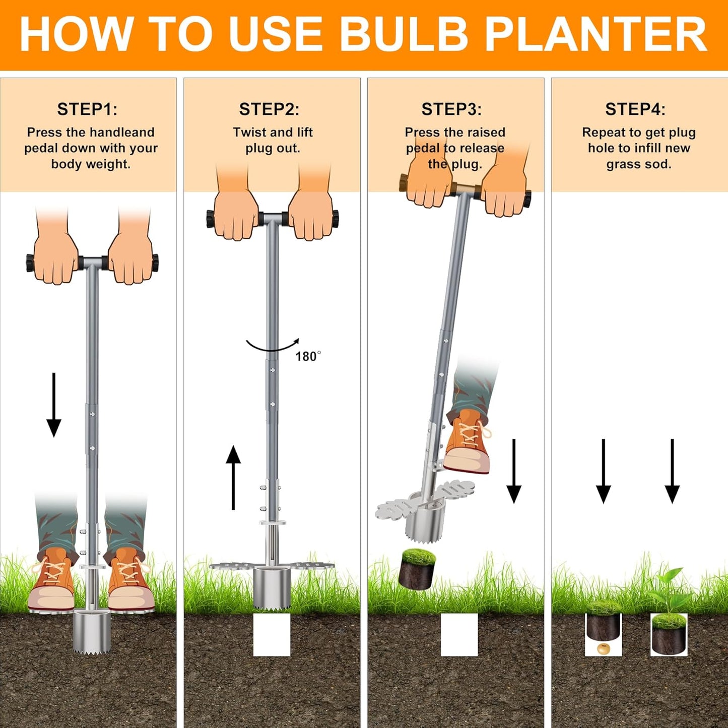 Sod Plugger Tool, Bulb Planter Tool with Stainless Steel Sharp Serrations, Grass Plugger Tool and Turf Cutter with Anti-slip pedal – Garden Tools and Yard Tools for Zoysia, Bermuda and More Plants