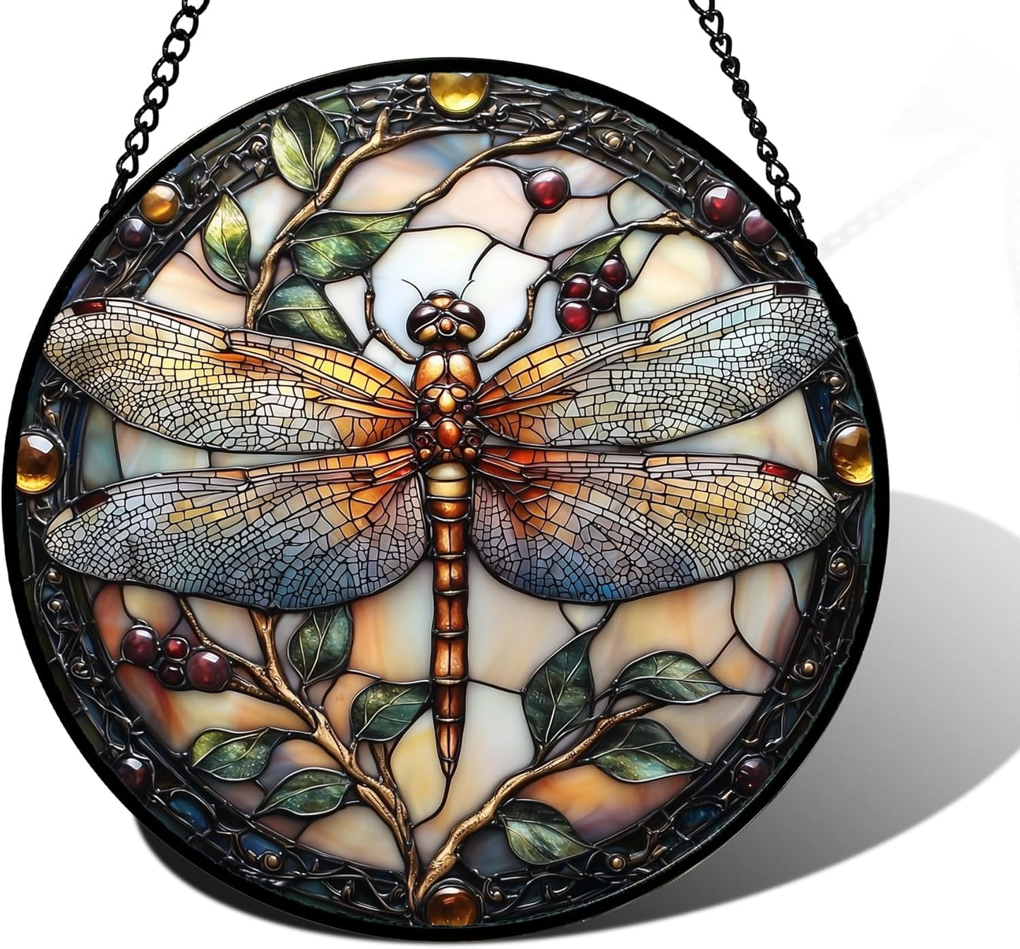 Stained Glass Window Hanging - Dragonfly Plant Suncatcher Ready to Hang Window Doors Home Decoration, Christmas, Mother's Day Birthday Gifts for Women, Men, and Mom 9.8x9.8 in
