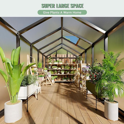 6x10 FT Greenhouse, Easy Assembly Aluminum Polycarbonate Greenhouses for Outdoors with Roof Vent, Large Aluminum Walk-in Greenhouse for Sunroom Patio, Backyard, Garden, Sliding Lockable Door, Black