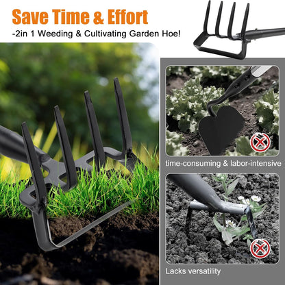 Dual Function Hoe Garden Tool - 36-82” Extra Long Handle Lightweight Stirrup Hula Hoe for Easy Weeding, Carbon Steel Sharp Blade & 4 Tine Rake for Gardening