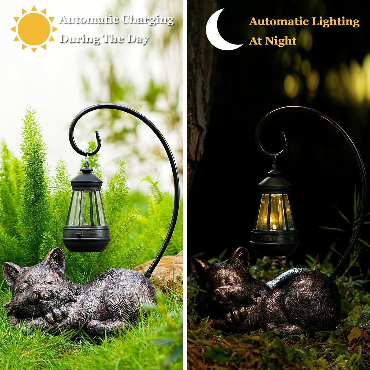 Outdoor Cat Figurine Garden Statue with Solar-Powered LED Light 13.77 Inches Tall, Gift Garden Statue Decor for Cat Lovers