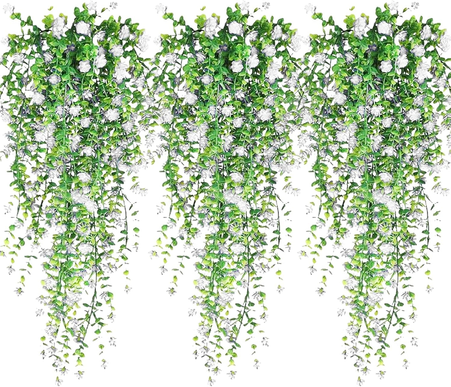 Artificial Hanging Flowers, 3 Pcs Fake Hanging Plants Artificial Vines for Outdoors, Fake Ivy Vine UV Resistant No Fade Faux Plants for Indoor Outside Garden Patio Yard Greenery Decoration (White)
