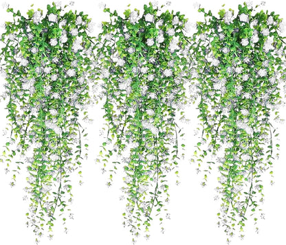 Artificial Hanging Flowers, 3 Pcs Fake Hanging Plants Artificial Vines for Outdoors, Fake Ivy Vine UV Resistant No Fade Faux Plants for Indoor Outside Garden Patio Yard Greenery Decoration (White)
