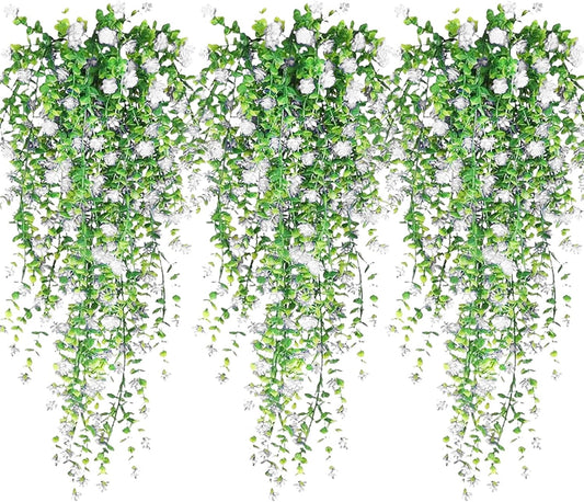 Artificial Hanging Flowers, 3 Pcs Fake Hanging Plants Artificial Vines for Outdoors, Fake Ivy Vine