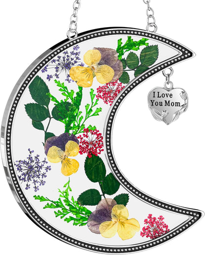KY&BOSAM Moon Suncatcher Mom Gifts Stained Glass for Window Hangings Wind Chimes Decor with Pressed Real Flower and Metal I Love You Mom Heart Charm Birthday Gift for Women Mother`s Day Christmas