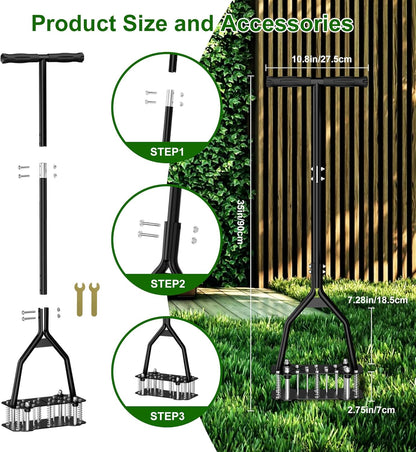 Lawn Aerator, Lawn Aerator Tool with 18 Iron Spikes, Automatic Leaf and Dirt Cleaning, Spring-Loaded Design, Manual Aeration Lawn Tool for Loosening Soil Aerating Patio, Garden Tools and Yard Tools