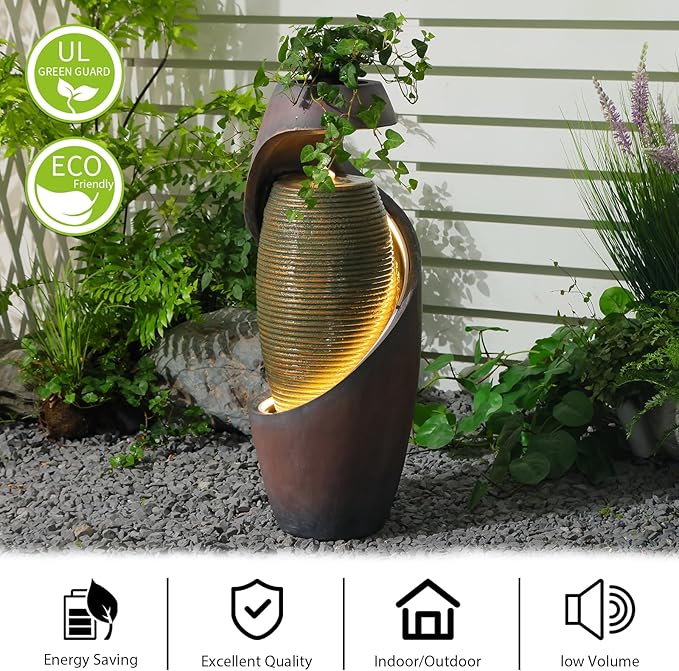 29.5’’H Modern Outdoor Fountain - Curved Spiral Waterfall Indoor/Outdoor with LED Light & Planter Bowl, Resin Garden Fountains for Patio, Yard, Backyard, Porch, Home Art Decor, 11.8" L x 11.8" W