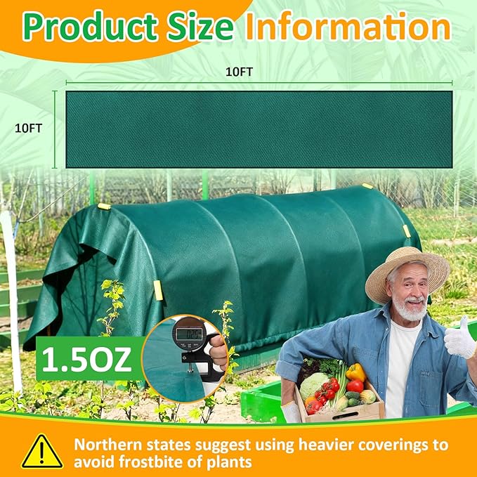 Green Plant Covers Freeze Protection, 10 x 10 ft - 1.5 oz/yd² Frost Cloths for Outdoor Plants, Tree Covers Freeze Protection, Winter Garden Blanket, Sun Cover for Plants for Greenhouse, Vegetables