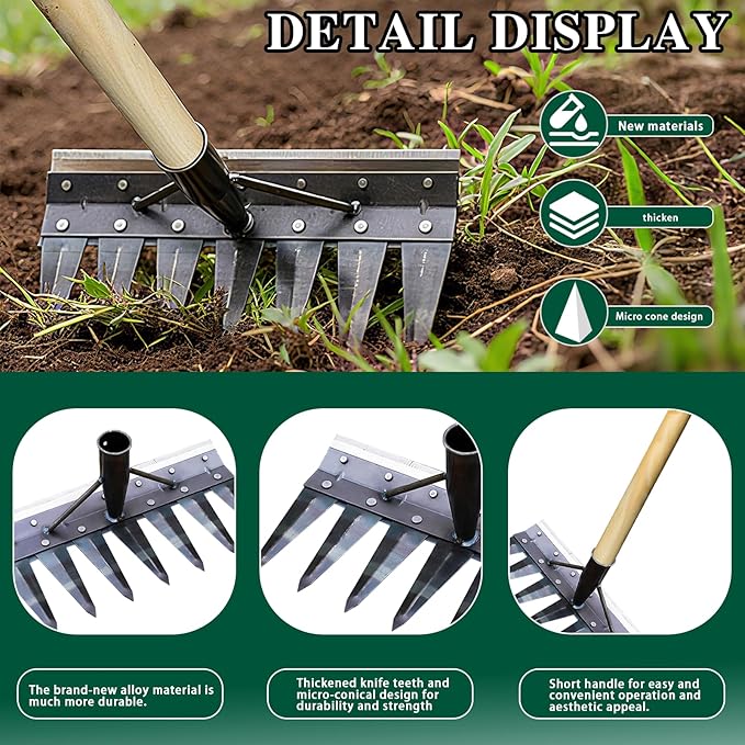 7-Pronged Heavy-Duty Garden Tiller Featuring a Wooden Handle,Iron Weed Puller Tool,New Spray-Painted Iron Manual Weed rake,Gardinia uprooting Tool,Suitable for Lawn and Garden