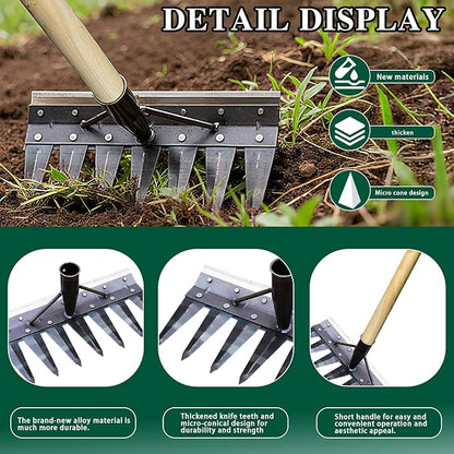 7-Pronged Heavy-Duty Garden Tiller Featuring a Wooden Handle,Iron Weed Puller Tool,New Spray-Painted Iron Manual Weed rake,Gardinia uprooting Tool,Suitable for Lawn and Garden