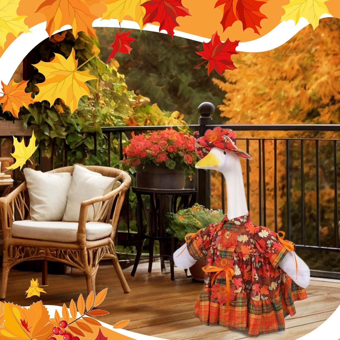 Fall Porch Goose Outfit Set for 23'' Plastic Statue Lawn Porch Goose Clothes with Thanksgiving Day Maple Leaf Skirt Hat Costume for Indoor Outdoor Patio Yard Lawn Art Decor