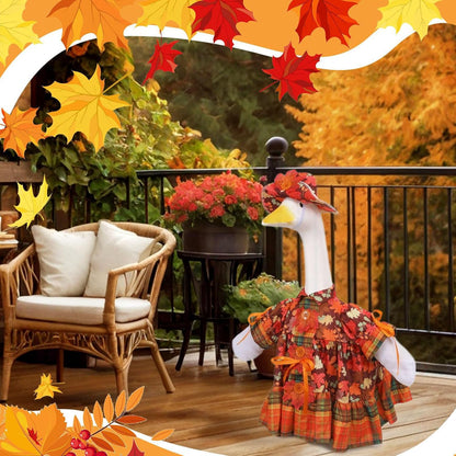 Fall Porch Goose Outfit Set for 23'' Plastic Statue Lawn Porch Goose Clothes with Thanksgiving Day Maple Leaf Skirt Hat Costume for Indoor Outdoor Patio Yard Lawn Art Decor