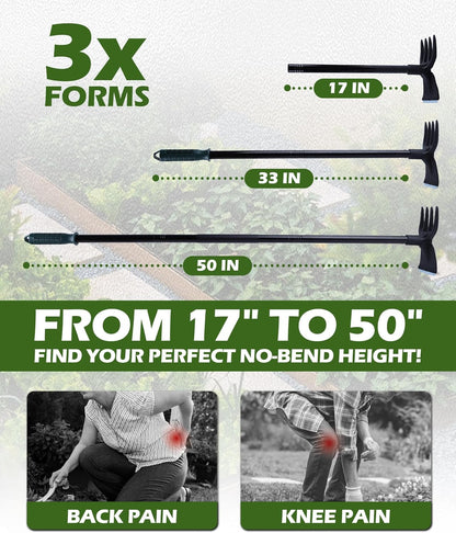 5-in-1 Garden Hoe - Adjustable 37" to 50" Handle, 5 Tool Heads, Heavy-Duty Weeding, Cultivating, and Raking Tool for Gardening, Camping, and Outdoor Use