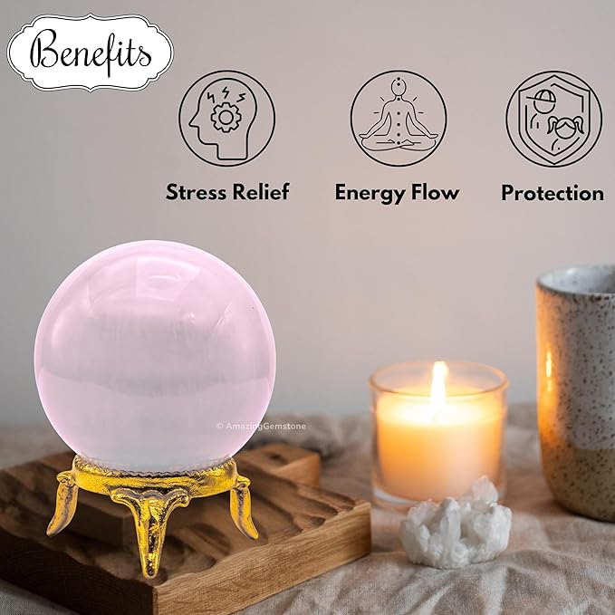 Amazing Gemstone Pink Calcite Crystal Ball with Stand - 2 Inches Crystal Sphere Meditation Balls for Witchcraft and Decorative Balls