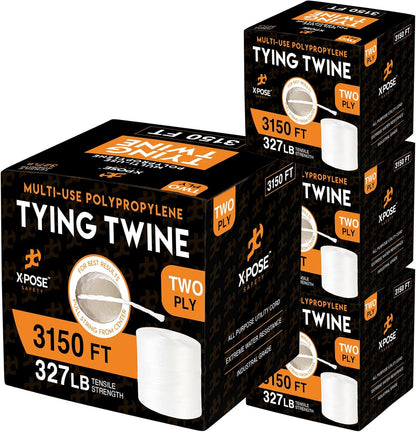 Polypropylene Tying Twine - 2 Ply White Plastic Poly String 4200' Roll - Soft On Hands - Heavy Duty Outdoor & Indoor Tie Line - Baling, Shipping & Bundling Twine, Packaging Rope 4 Pack