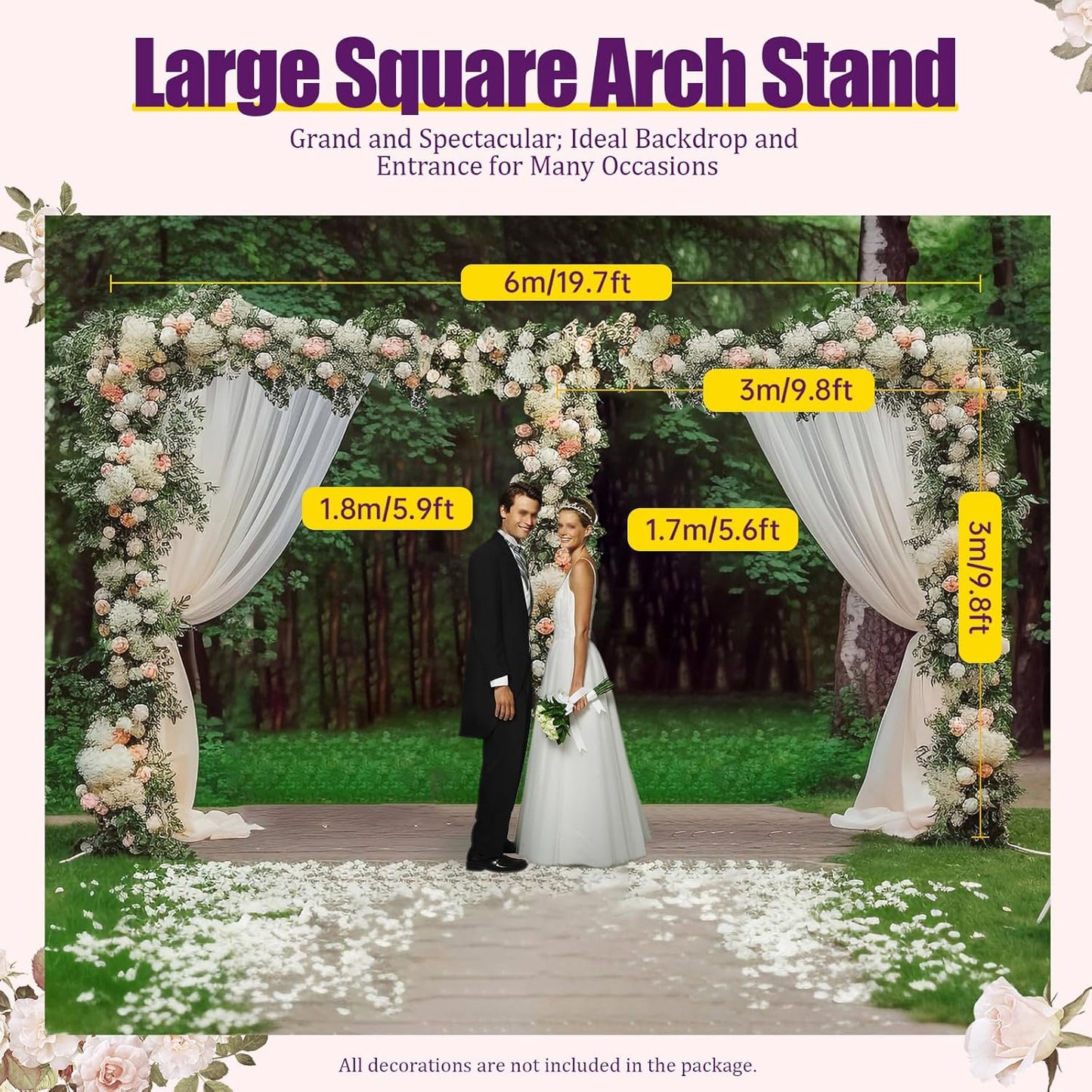 Wedding Arch Backdrop Stand, 19.7 x 9.8 FT Silver Wedding Arches Square Carbon Steel Balloon Arch Stand, Garden Arbor Frame for Birthday Party Photo Booth Background Decoration