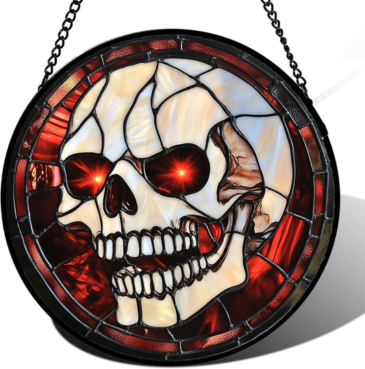 Stained Glass Window Hanging - Halloween Decorations White Skeleton Suncatcher for Doors Garden