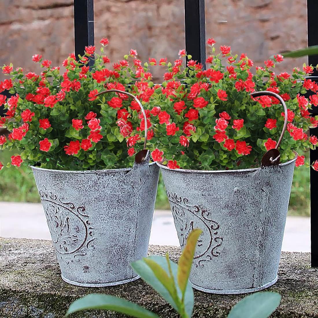 RECUTMS 12 Bundles Artificial Plants Artificial Eucalyptus Front Porch Decor Faux Spring Flowers, Fake Indoor Outdoor Greenery for Wedding Party Home Garden Fireplace Décor(Red)