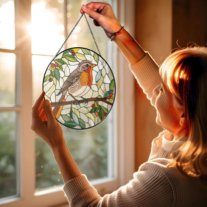 7.8" Robin Stained Glass Suncatcher, Bird for Window Hanging, Suncatcher Art Decor for Home Garden Housewarming, Gift for Mom, Grandma, Women, Friend, Bird Lover BIRD-17B-SG8