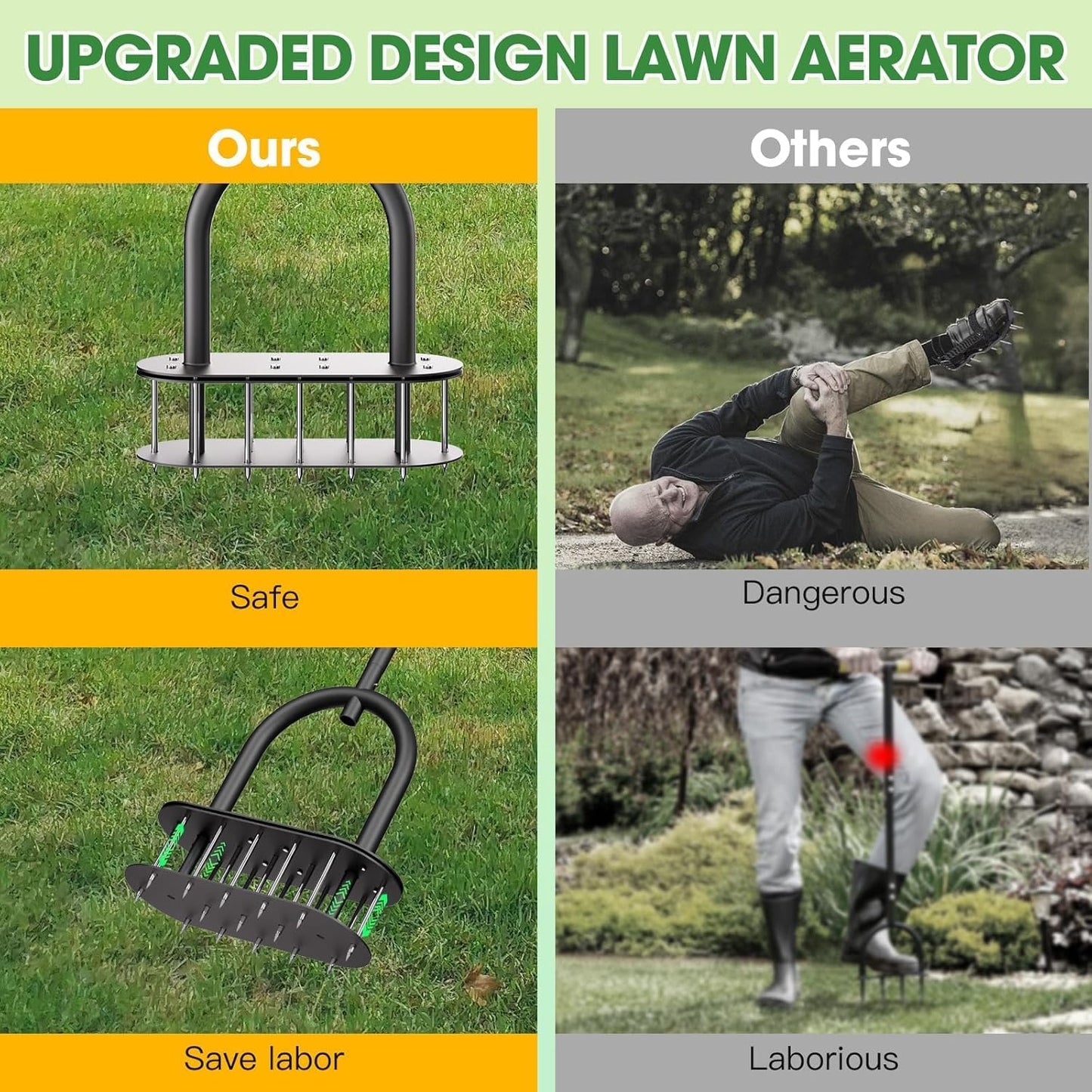 Lawn Aerator Spikes Aerating Tool, Manual Aeration Tools with Padded T-Handle, Wide Foot Plate, 15 3 Inch Solid Steel Spikes, Yard Aerators for Lawn Yard & Garden