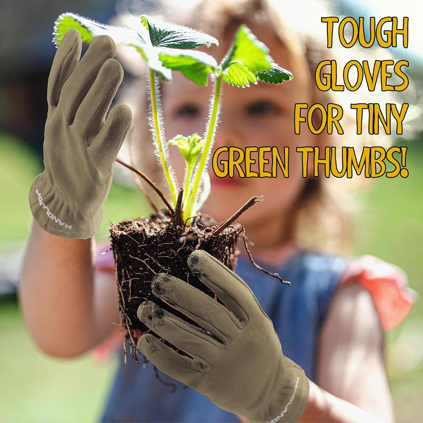 HANDLANDY Kids Genuine Leather Work Gloves for ages 3-11, Children Gardening Gloves for Boys, Girls (Small (for age2-4), Khaki)