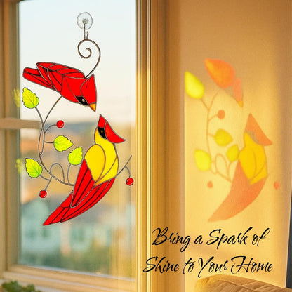 Duo Cardinal Bird Stained Glass Suncatchers for Windows Hanging, Decorative Glass Birds Ornament Window Suncatcher, Unique Bird Lover Gift for Mom, Grandma, Women, or Home Décor