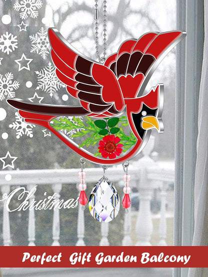 KY&BOSAM Cardinal Suncatcher Mom Gift Glass Had Painted Glass Suncatcher Windows Hanging Ornament Pressed Real Flower and Crystal Charm for Women Mom Birthday Christmas Decor