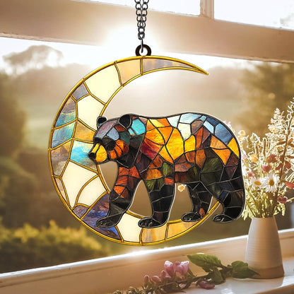 Bear Moon Suncatcher – Style Acrylic Bear Ornament for Window, Nature Wildlife Decor, Rustic Cabin Sun Catcher, Woodland Animal Gift for Nature Lovers (Sun-43)