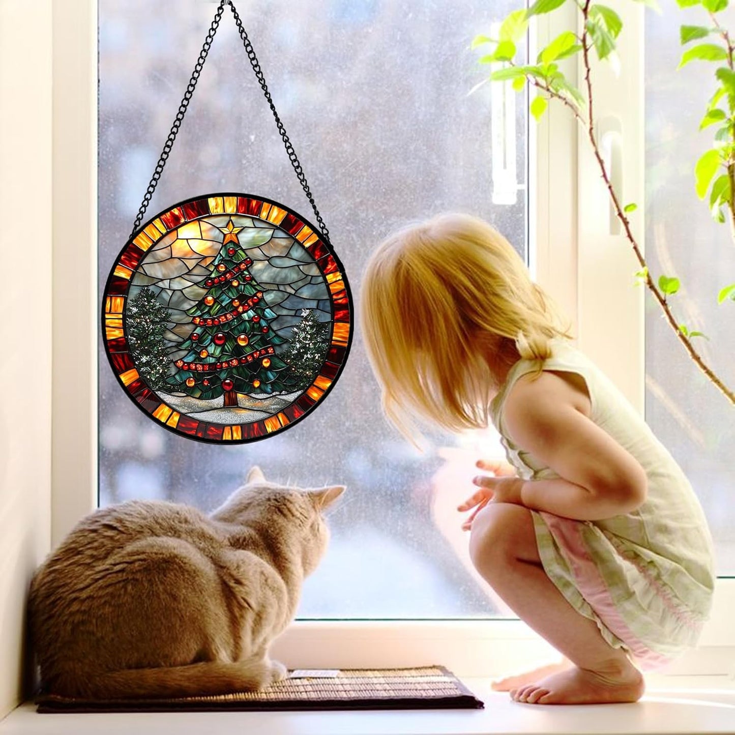 Stained Glass Window Hanging - Winter Christmas Tree Suncatcher Ready to Hang Window Doors Home Decoration, Christmas, Mother's Day Birthday Gifts for Women, Men, and Mom 7.8x7.8 in