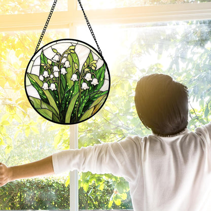 Stained Glass Window Hanging, Lily of The Valley Flower Sun Catchers Colorful Glass Panel Green Plants Suncatcher Decor for Birthday for Women,Men,Wife, Lovers, and Mom 7.8 in