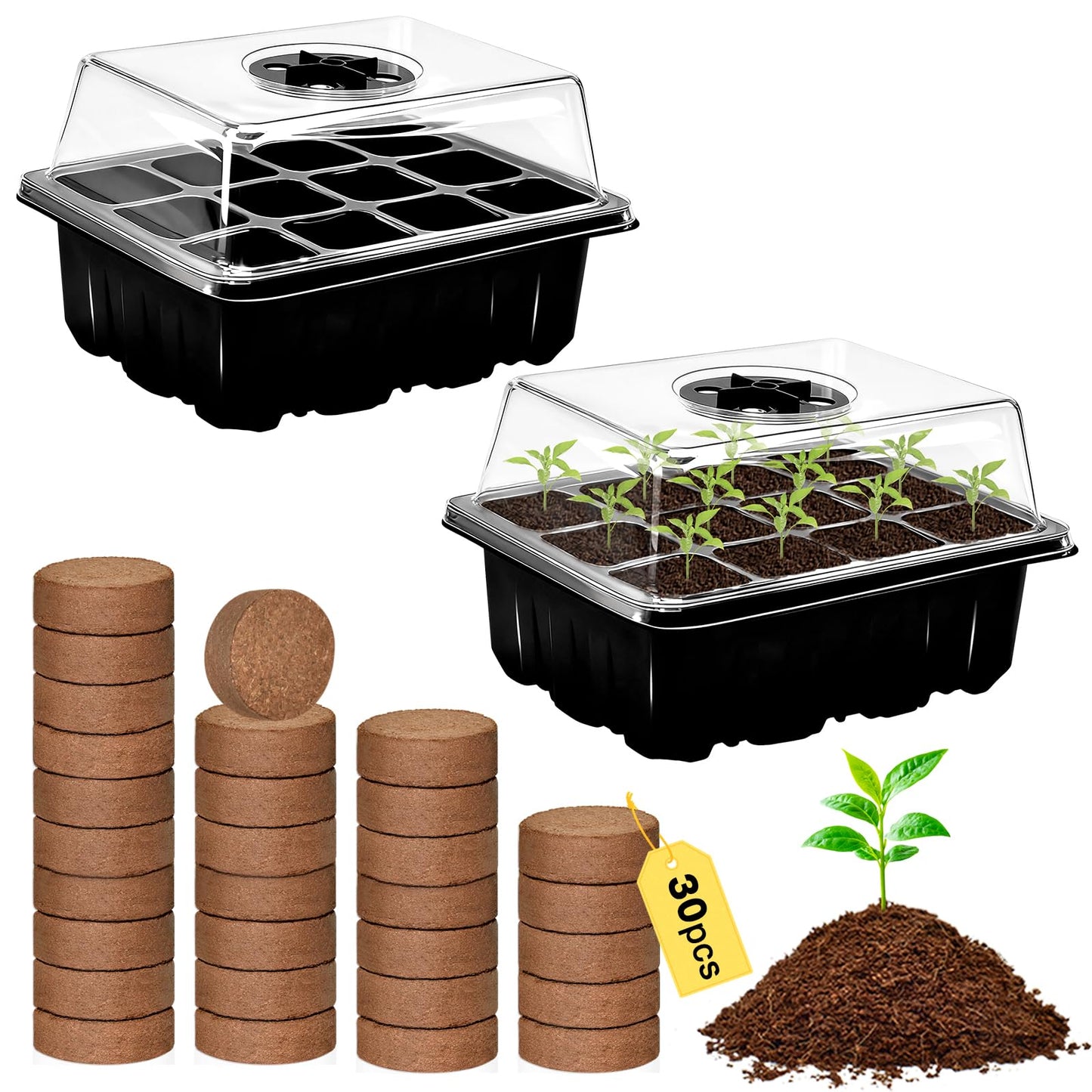 ZeeDix 2 Set Seed Starter Tray Kits with 30 Pack Coco Coir Pellets