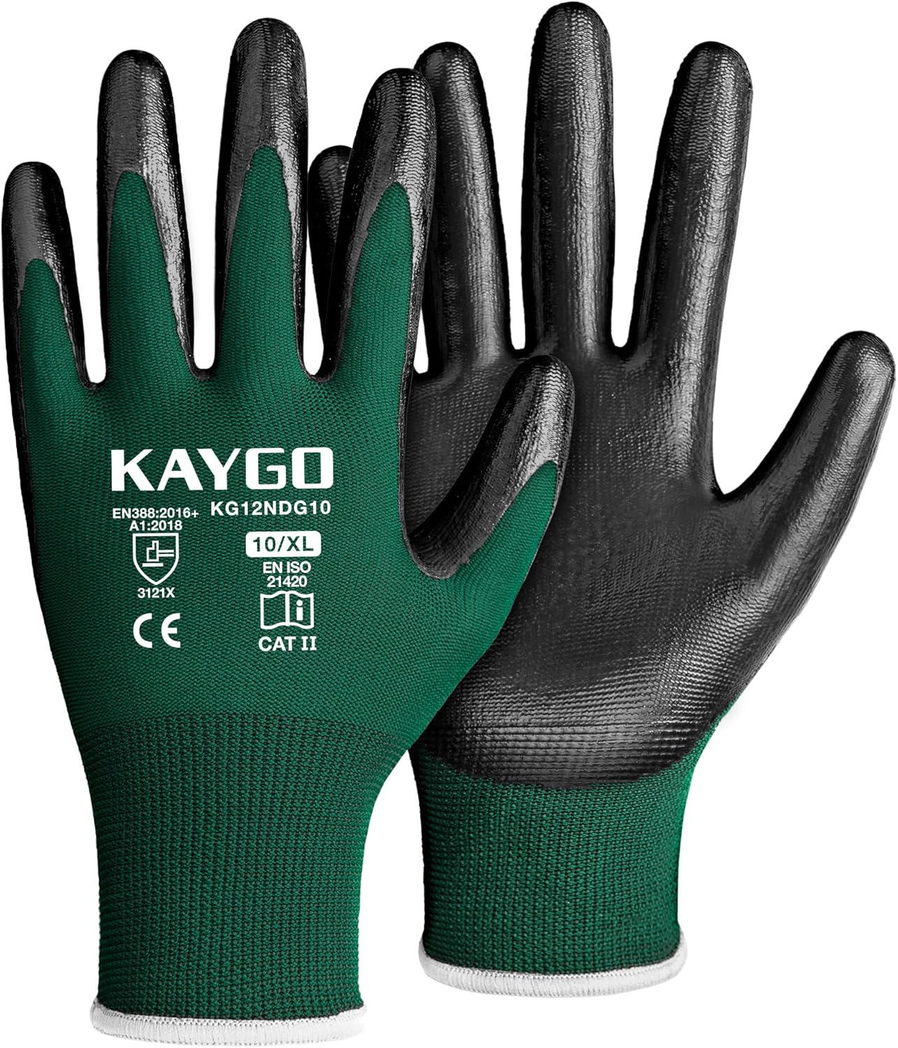 KAYGO Work Gloves Nitrile Coated, 12 Pairs KG12N，Seamless Knit, Protective Safety Work Gloves with Good Grip for General Work,green, XL