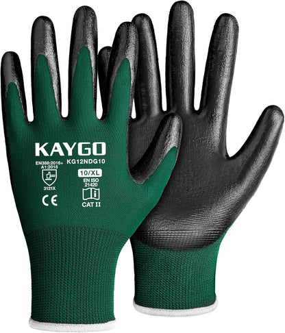 KAYGO Work Gloves Nitrile Coated, 12 Pairs KG12N，Seamless Knit, Protective Safety Work Gloves with Good Grip for General Work,green, XL
