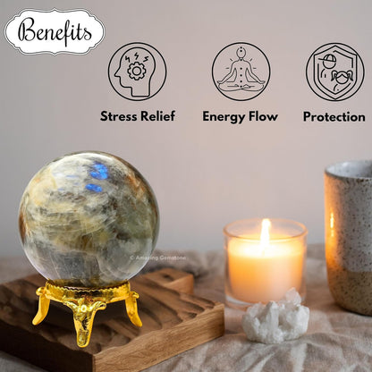 Amazing Gemstone Sun Moonstone Crystal Ball with Stand - 2 Inches Crystal Sphere Meditation Balls for Witchcraft and Decorative Balls