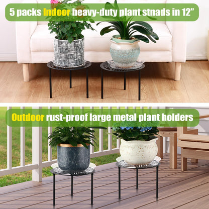 5-Pack 12” Heavy-duty Metal Plant Stands Large Flower Pot Holder for Indoor Outdoor Rust-proof Iron Potted Planter Stand Modern Round Corner Stand Shelf for Living Room Patio Garden Yard
