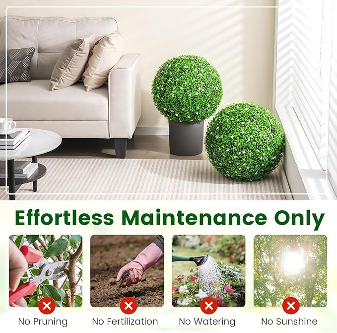 Goplus 2 PCS 19.5 Inch Artificial Plant Topiary Ball, Round Holly Faux Boxwood Balls Outdoor with White Flowers, Garden Spheres Decorative for Front Door, Porch, Backyard, Balcony, Patio, Wedding