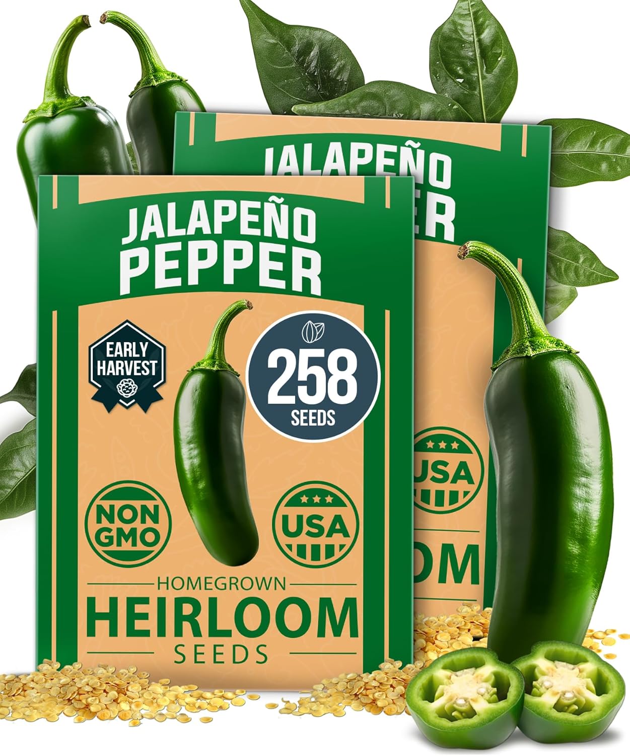 HOME GROWN Jalapeno Pepper Seeds – 258 𝗡𝗢𝗡-𝗚𝗠𝗢 𝗨𝗦𝗔 Heirloom Seeds (Capsicum annuum) – High Germination, Easy to Grow, Early Harvest Hot Peppers