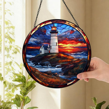 Coastal Lighthouse in Autumn Suncatcher -7.9 in Stained Glass Window Hanging Sun Catcher Garden Decor
