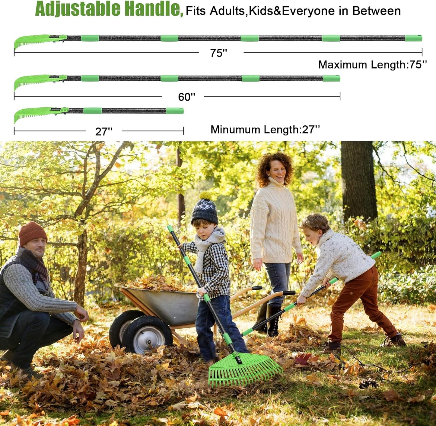 Plastic Rake for Leaves - Upgraded Anti-Break Nylon Head,75" Adjustable Leaf Rake,Gentle on Lawn,Garden,Yard,Grass,Pine Needle,Shrub,Lightweight for Women,Seniors,Kid,Gardening Camping Use
