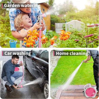Kitness Mini Retractable Garden Hose Reel, Portable Simple Home 45+5 FT Hose Reel with 7 Adjustable Patterns Spray Nozzle&Standard Connector, Watering Hose Reel for Gardens Yards and lawns (Rose red)