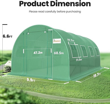 KING BIRD Premium 20x10x6.6FT Greenhouse for Outdoors, Large Walk-in Upgraded Galvanized Metal Frame, Mesh Door Screen Window Improved Zipper Tunnel Hoop for Garden Plant Winter, 2 Stiffeners, Green