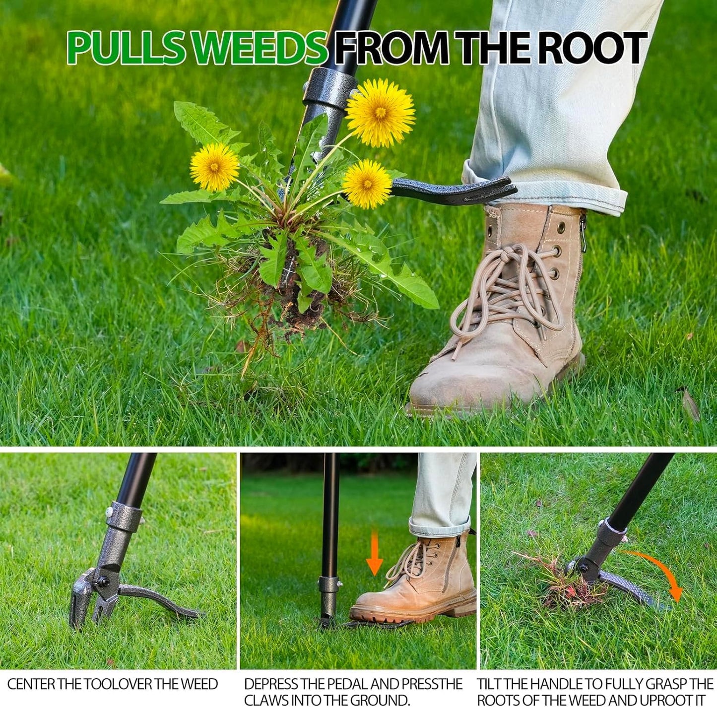 Weed Puller, Stand Up Weed Puller Tool with Steel Long Handle & 4-Claw Steel Head, 46" Adjustable Handle Weeder Tool, Easily Remove Weeds Root Without Bending, Pulling, or Kneeling