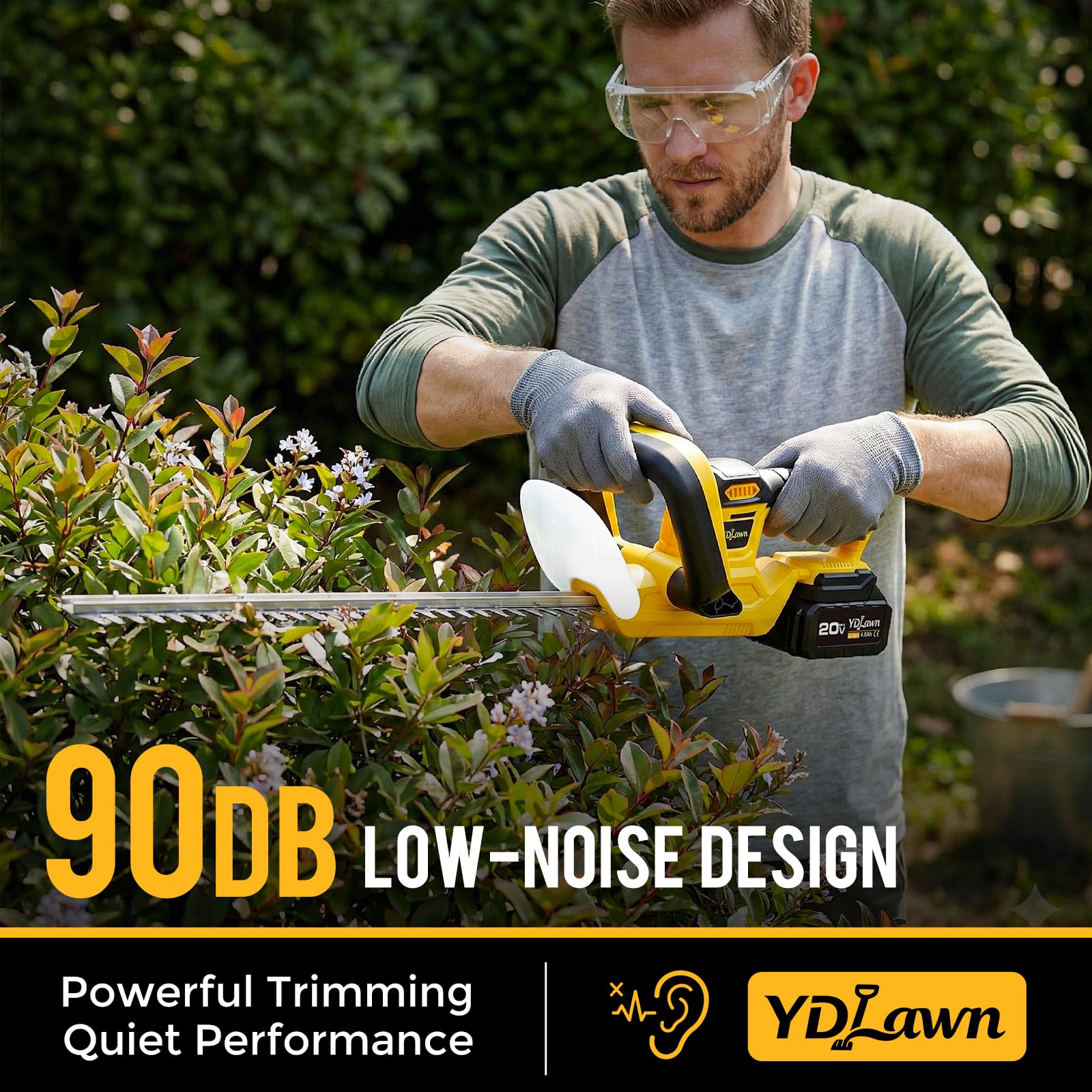 YDlawn 20V Cordless Hedge Trimmer, 22-Inch Blade, 2 x 4.0Ah Batteries