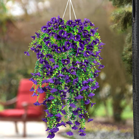 4 Pack Artificial Faux Hanging Flowers Plant for Outdoor, Fake Silk Morning Glory with Eucalyptus
