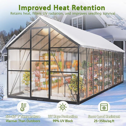 Wanan 20x8FT Greenhouses for Outdoors, Quick Assembly Polycarbonate Green House with UV Protection, Heavy Duty Windproof Aluminum Frame, Adjustable Roof Vent for Backyard or Outdoor Garden Use