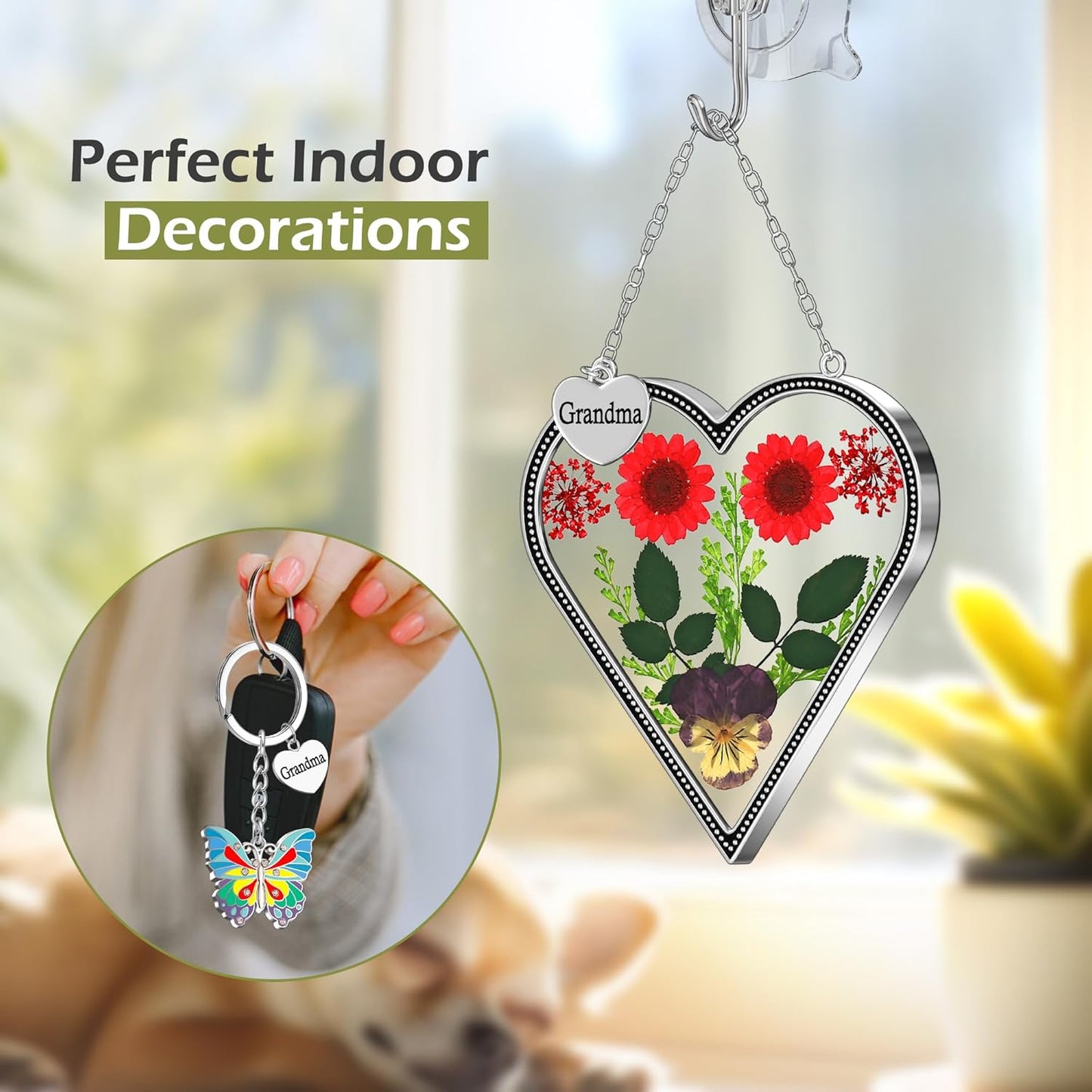 KY&BOSAM Heart Suncatcher for Windows Hangings Grandma Gift Stained Glass Butterfly Suncatcher Pressed Flower Between Heart in Glass Metal Engraved Charm Gift for Women Mother's Day Birthday Christmas