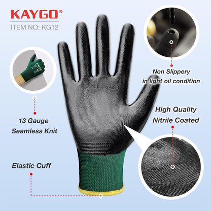 KAYGO Work Gloves Nitrile Coated, 12 Pairs KG12N，Seamless Knit, Protective Safety Work Gloves with Good Grip for General Work,green, XL